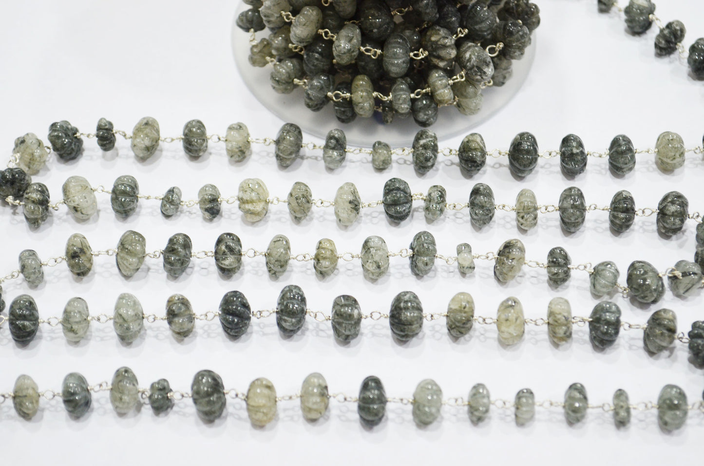 Black Rutile Carved Melon Shape Rosary Beaded Chain , Black Rutile Carved Melon Wire Wrapped Chain , 10 - 11 mm , RB-6025