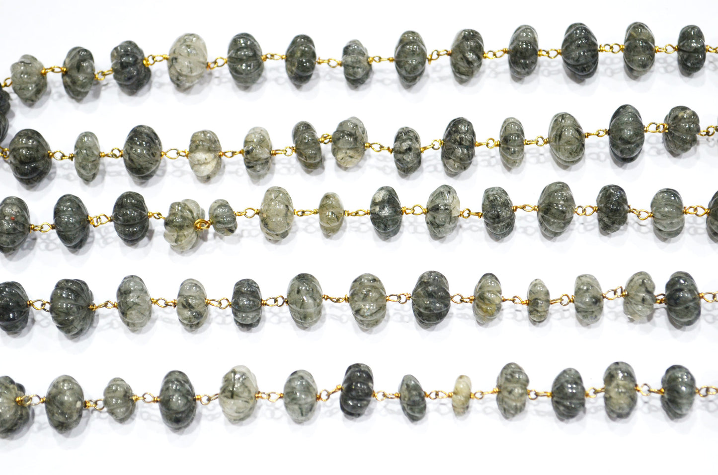 Black Rutile Carved Melon Shape Rosary Beaded Chain , Black Rutile Carved Melon Wire Wrapped Chain , 10 - 11 mm , RB-6025
