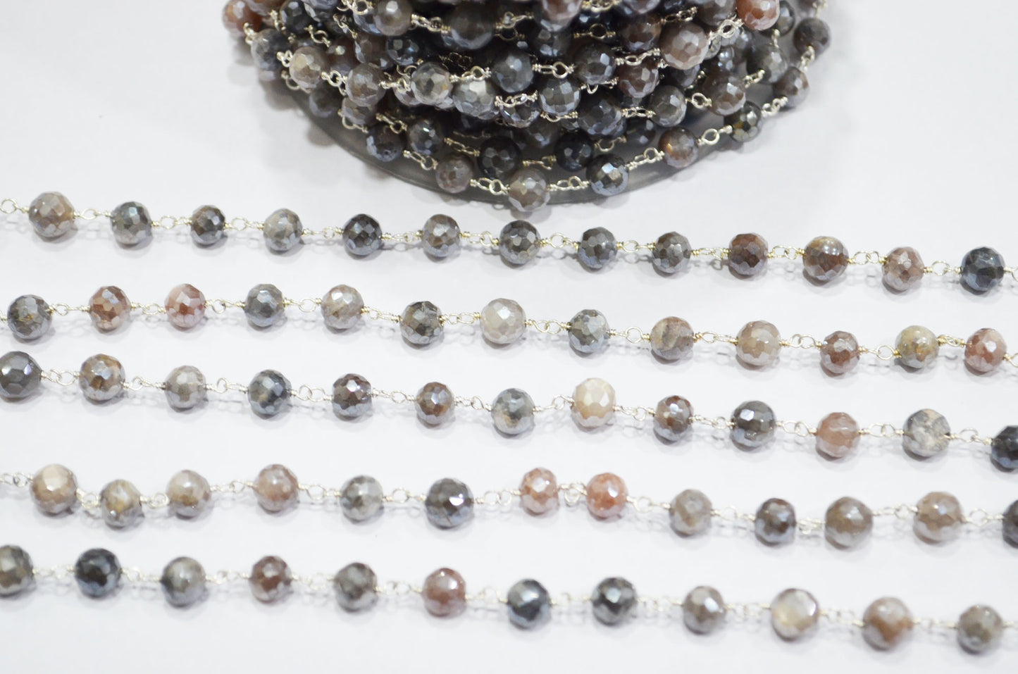 Mystic Chocolate Moonstone Faceted Round Shape Rosary Beaded Chain , 6 - 6.50 mm , RB-6028