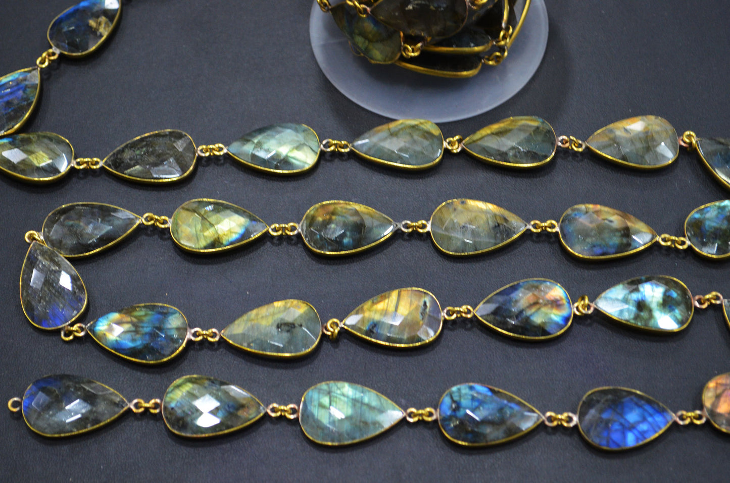Labradorite Faceted Pear Shape Connector Chain , 16x25 mm , RB-6031