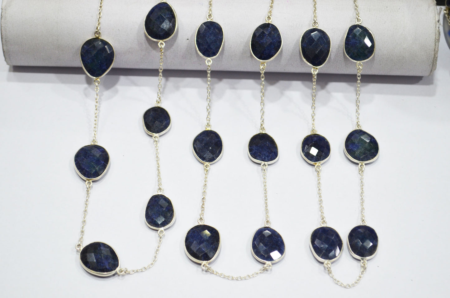 Sapphire Quartz Dyed Mesh Slice Hand Made Connector Chain , Sapphire Quartz Dyed Mesh Bezel Link Chain , 15 - 21 mm , RB-6033