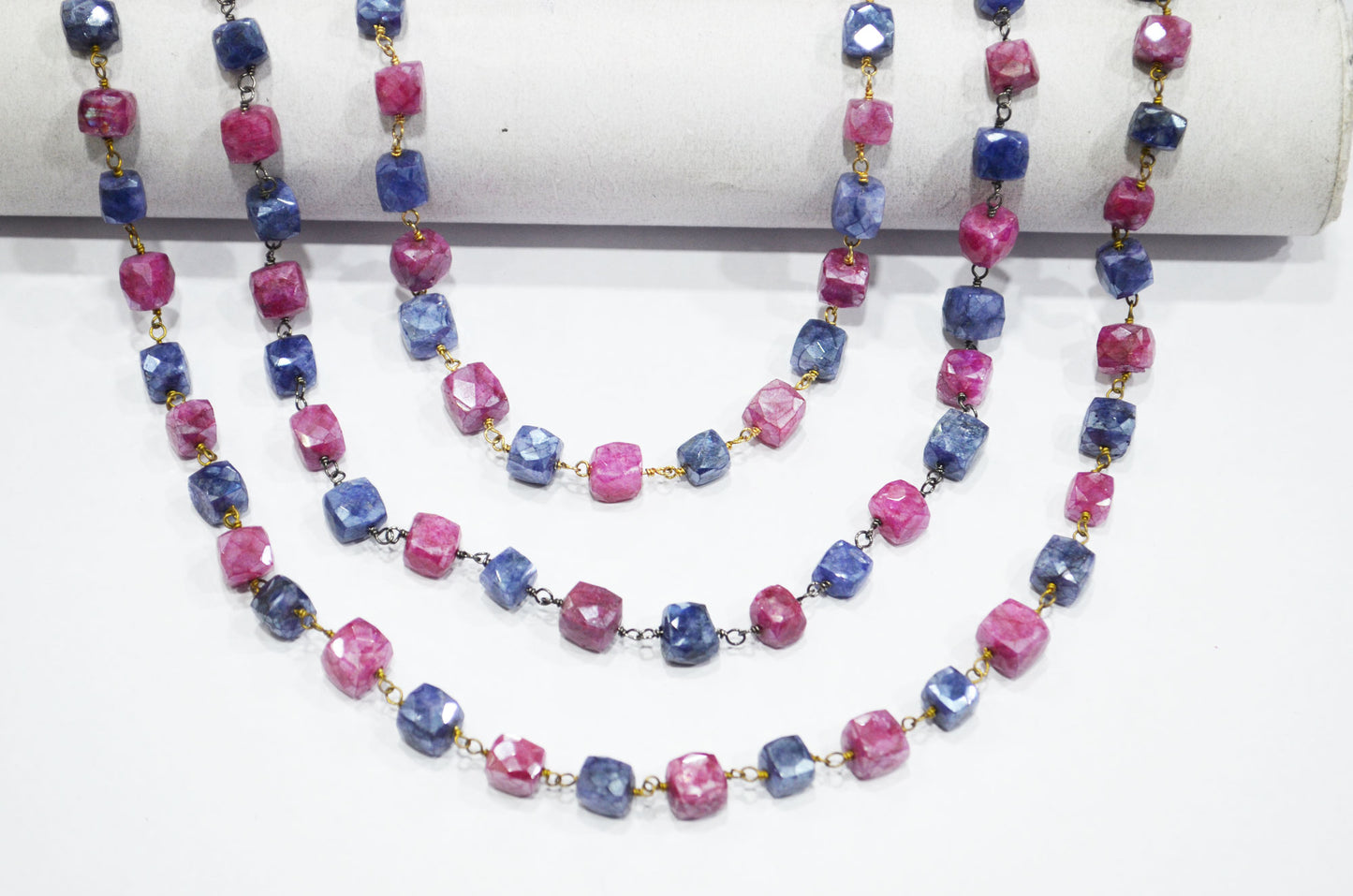 Sapphire Colored Moonstone 3D Box Cube Shape Rosary Chain , Ruby Colored Moonstone Wire Wrapped Chain , 4 - 4.75 mm , RB-6034