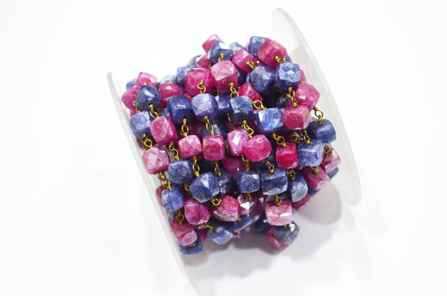 Sapphire Colored Moonstone 3D Box Cube Shape Rosary Chain , Ruby Colored Moonstone Wire Wrapped Chain , 4 - 4.75 mm , RB-6034
