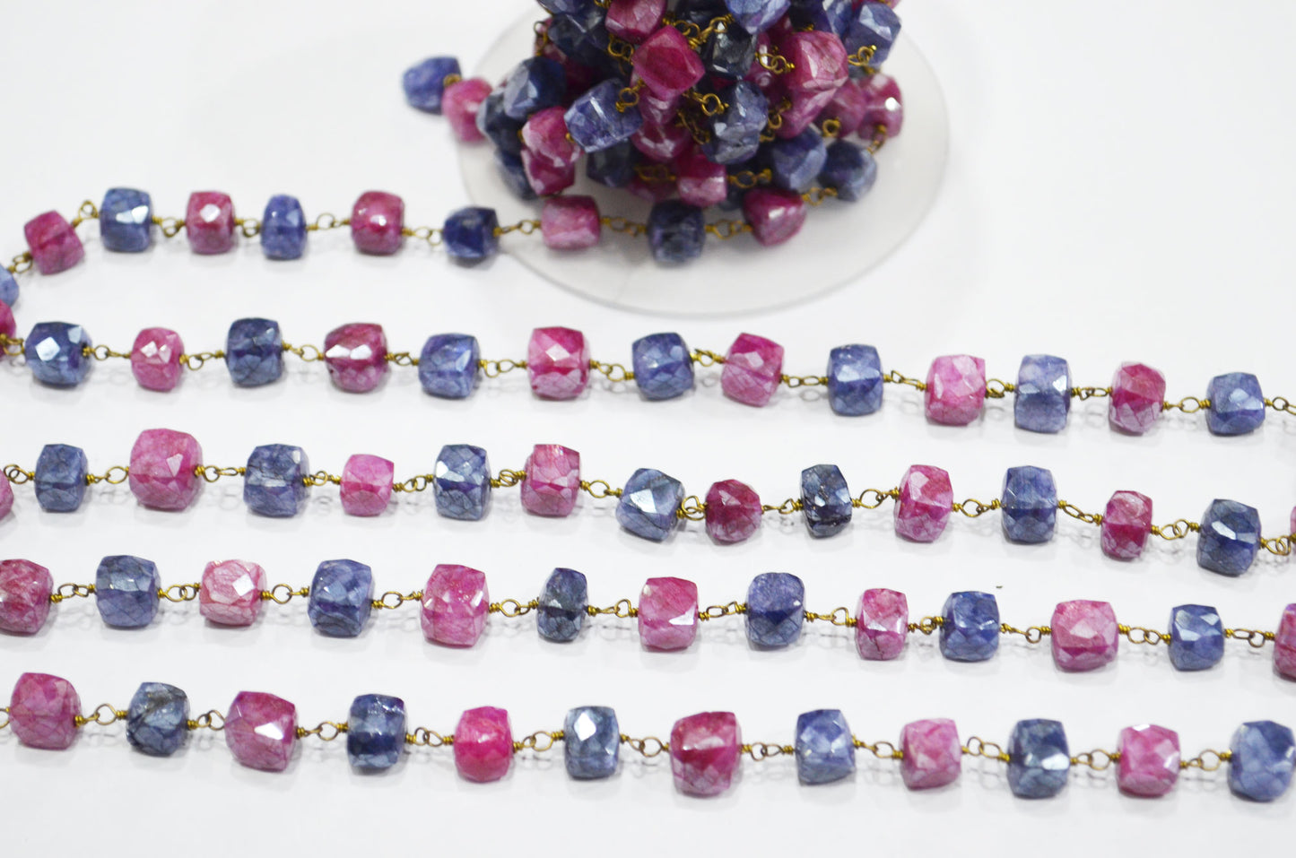 Sapphire Colored Moonstone 3D Box Cube Shape Rosary Chain , Ruby Colored Moonstone Wire Wrapped Chain , 4 - 4.75 mm , RB-6034
