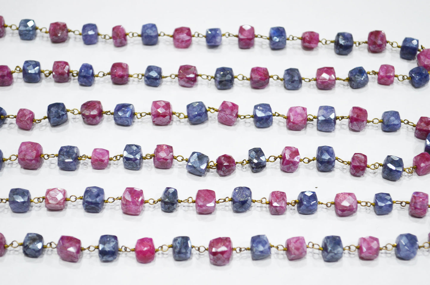 Sapphire Colored Moonstone 3D Box Cube Shape Rosary Chain , Ruby Colored Moonstone Wire Wrapped Chain , 4 - 4.75 mm , RB-6034