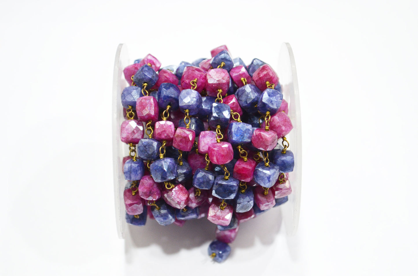 Sapphire Colored Moonstone 3D Box Cube Shape Rosary Chain , Ruby Colored Moonstone Wire Wrapped Chain , 4 - 4.75 mm , RB-6034