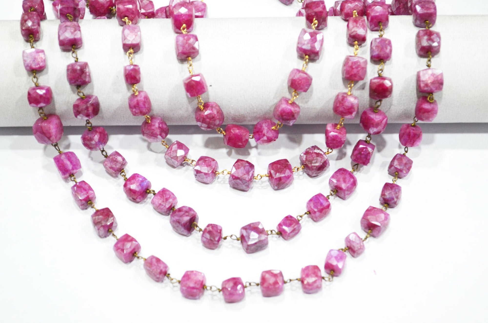 Ruby Colored Moonstone 3D Box Cube Shape Rosary Chain , Ruby Colored Moonstone Wire Wrapped Chain , 7 - 8 mm , RB-6035