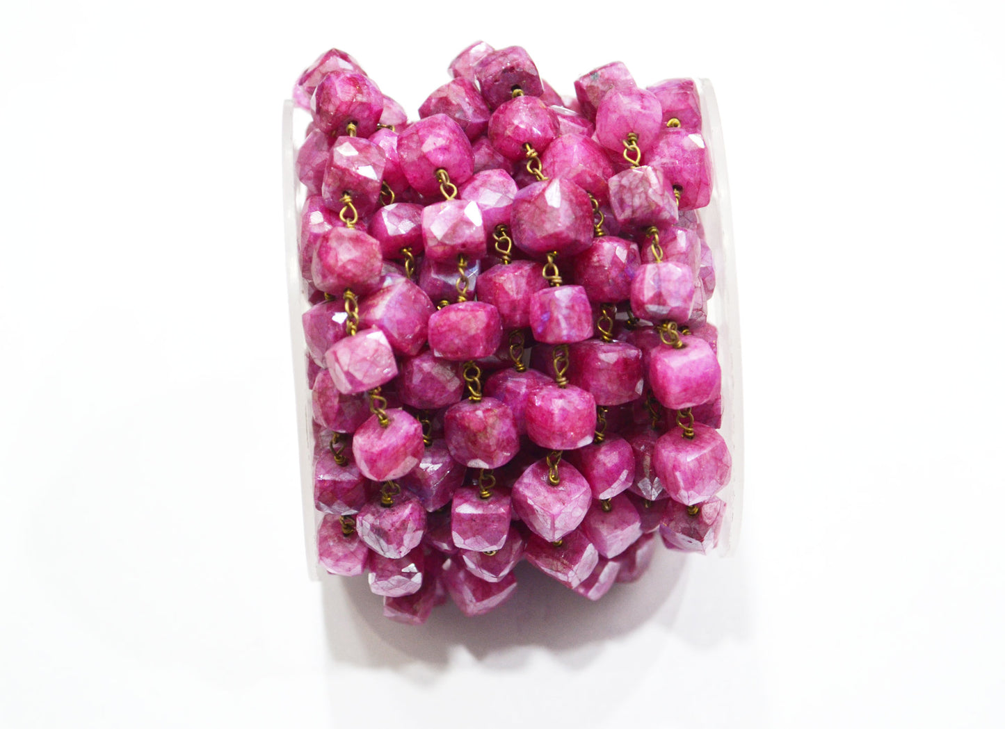 Ruby Colored Moonstone 3D Box Cube Shape Rosary Chain , Ruby Colored Moonstone Wire Wrapped Chain , 7 - 8 mm , RB-6035