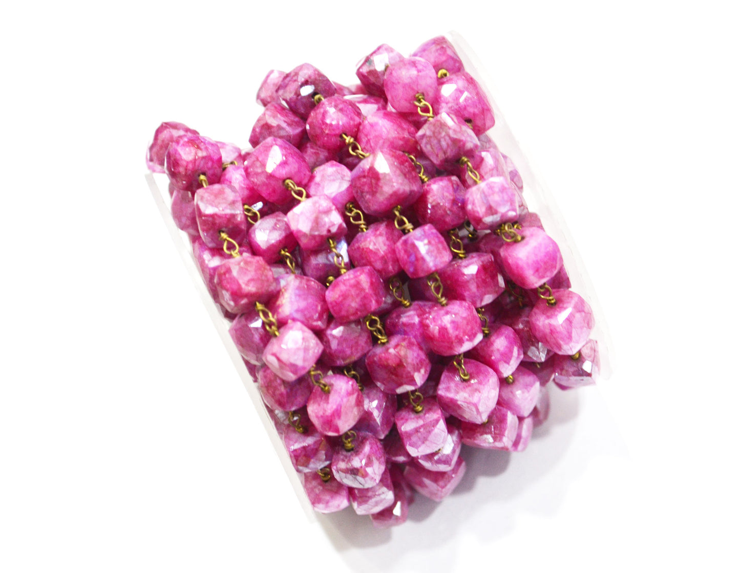 Ruby Colored Moonstone 3D Box Cube Shape Rosary Chain , Ruby Colored Moonstone Wire Wrapped Chain , 7 - 8 mm , RB-6035