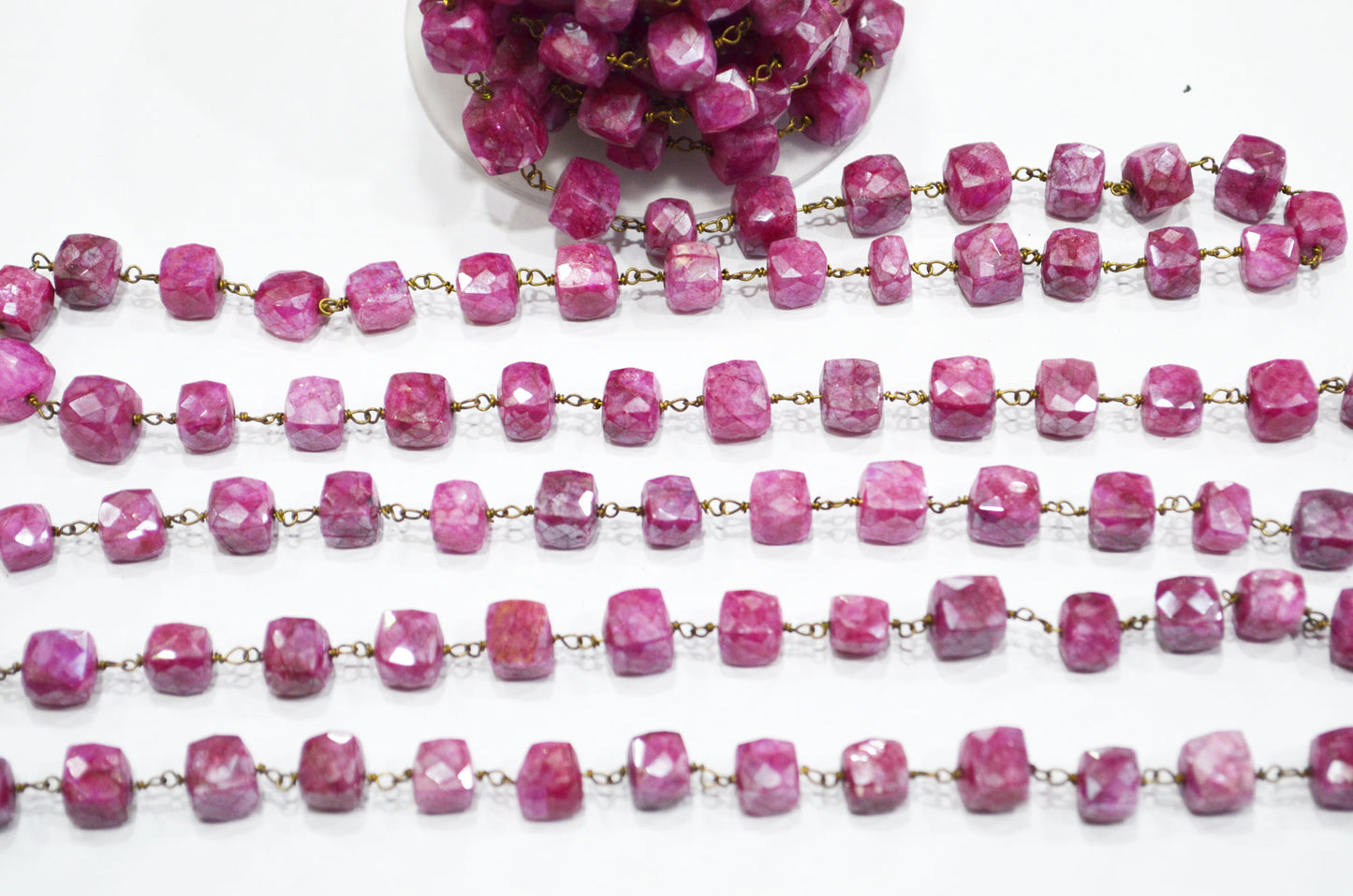 Ruby Colored Moonstone 3D Box Cube Shape Rosary Chain , Ruby Colored Moonstone Wire Wrapped Chain , 7 - 8 mm , RB-6035