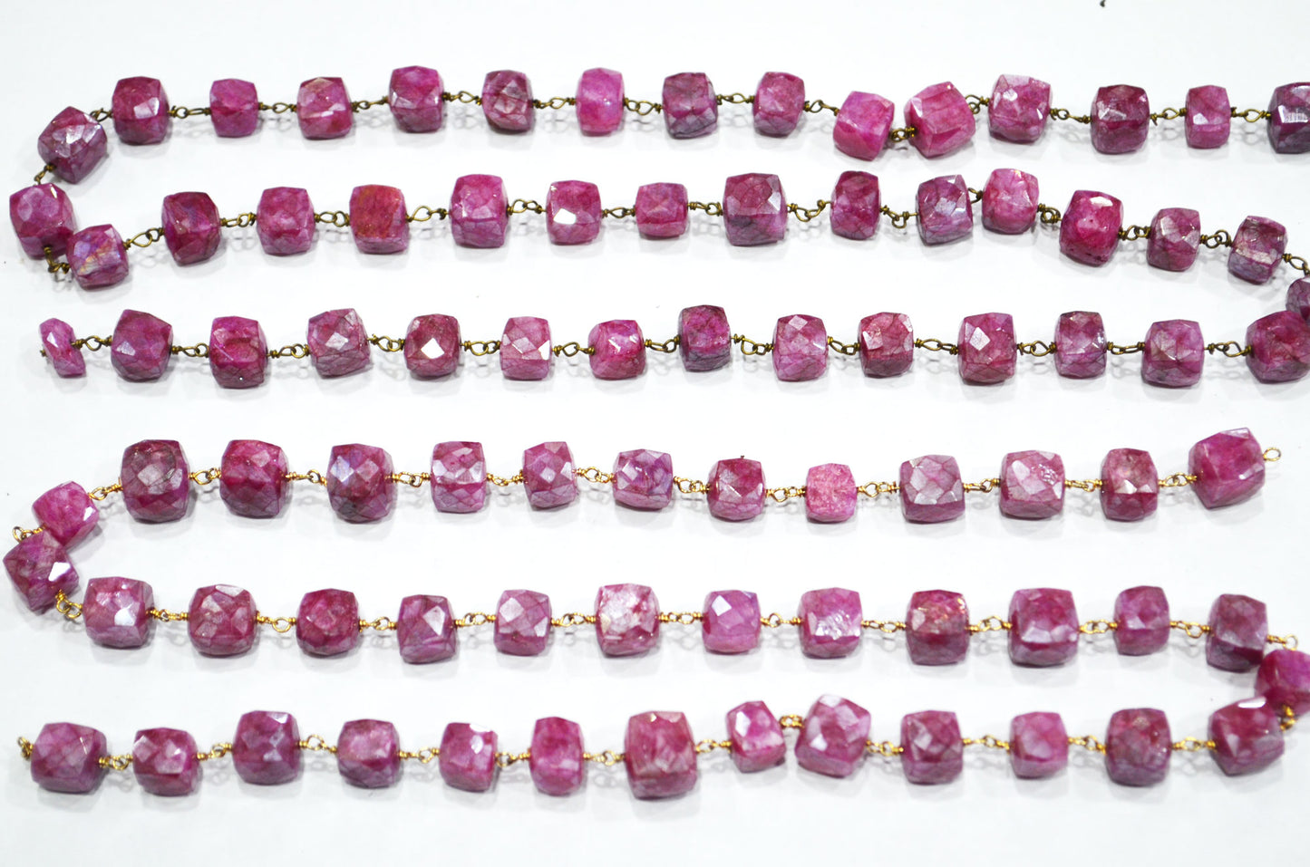 Ruby Colored Moonstone 3D Box Cube Shape Rosary Chain , Ruby Colored Moonstone Wire Wrapped Chain , 7 - 8 mm , RB-6035