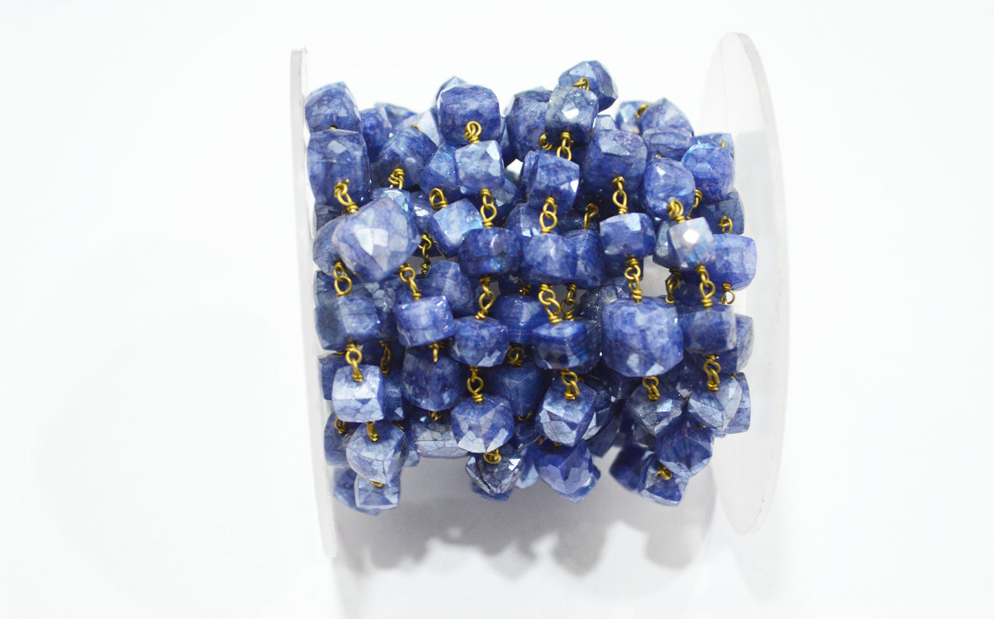 Sapphire Colored Moonstone 3D Box Cube Shape Rosary Chain , 7 - 8 mm , RB-6036