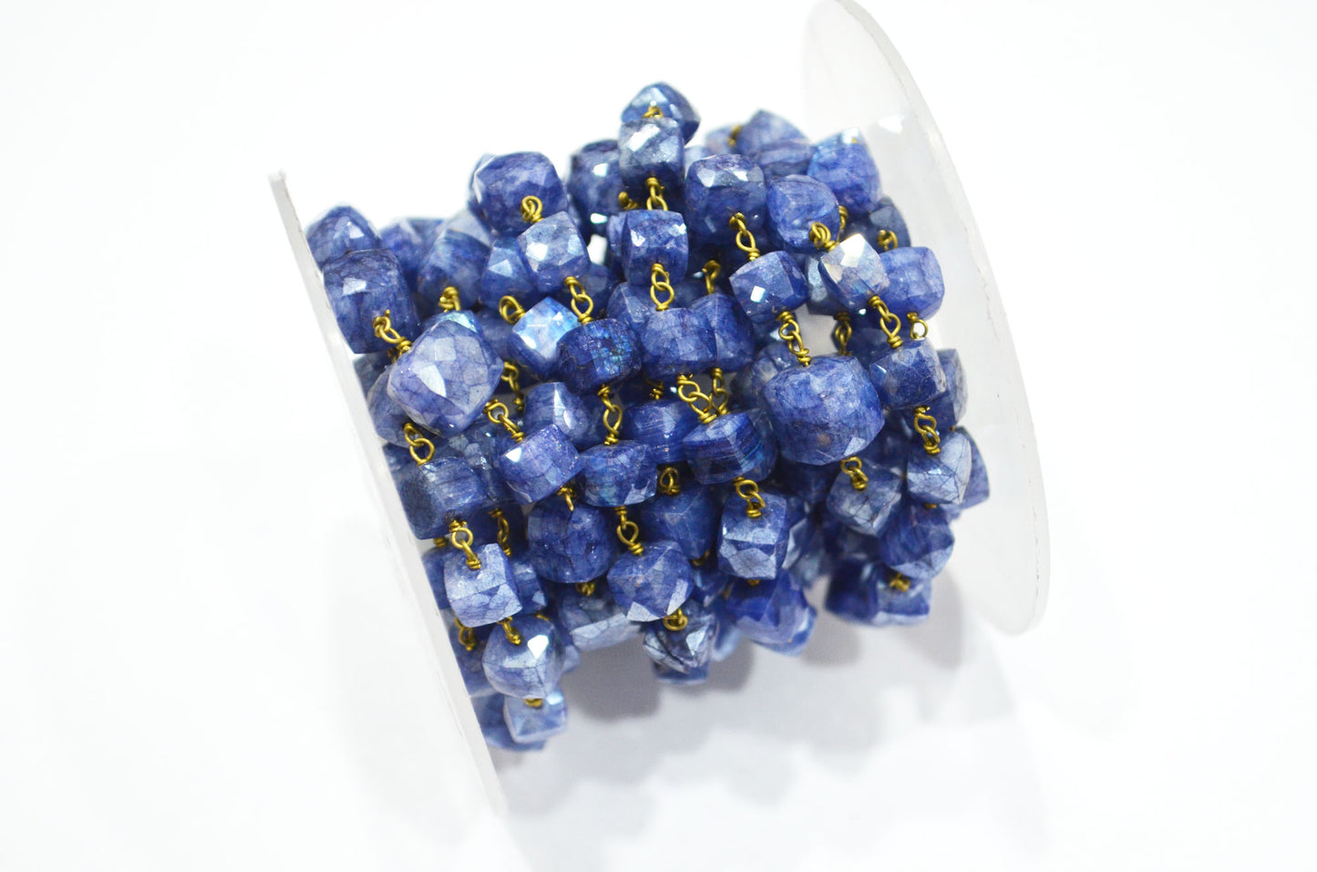 Sapphire Colored Moonstone 3D Box Cube Shape Rosary Chain , 7 - 8 mm , RB-6036