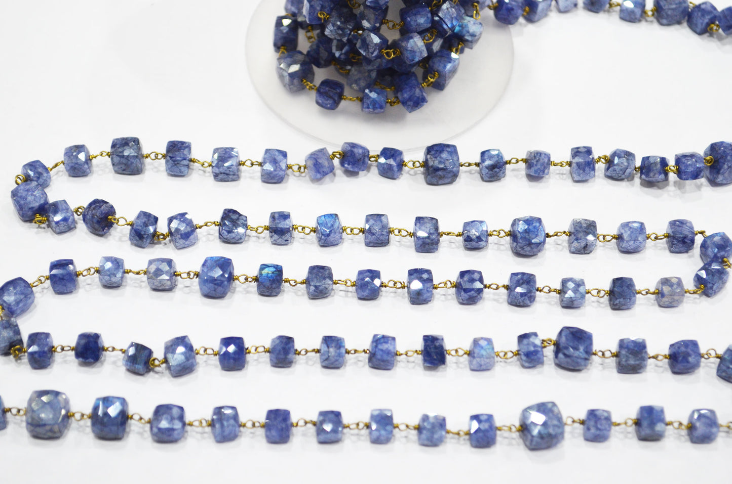Sapphire Colored Moonstone 3D Box Cube Shape Rosary Chain , 7 - 8 mm , RB-6036