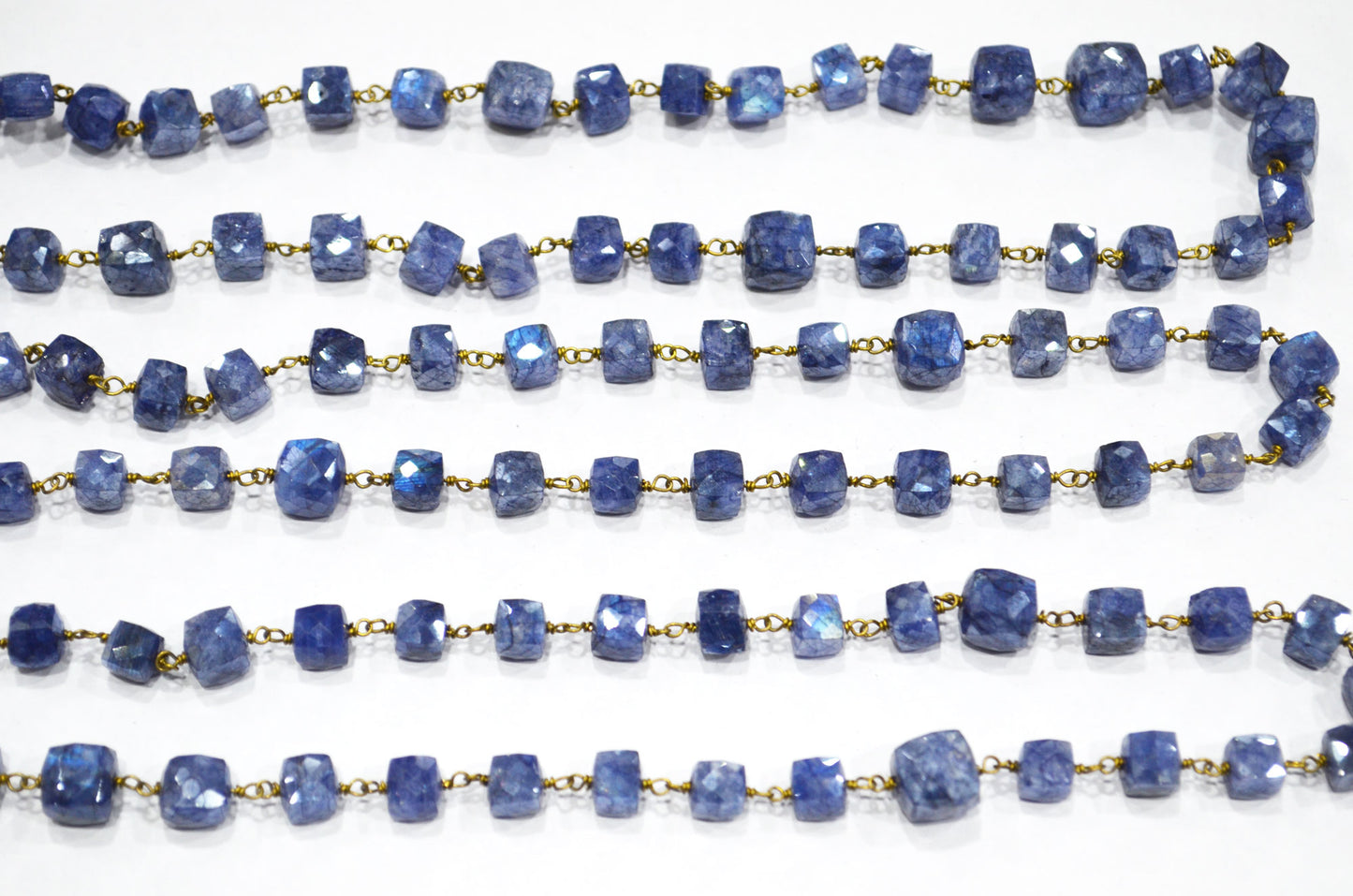 Sapphire Colored Moonstone 3D Box Cube Shape Rosary Chain , 7 - 8 mm , RB-6036