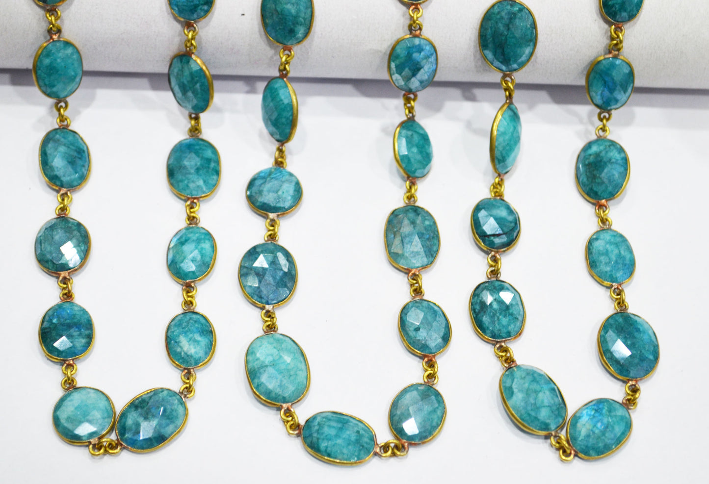 Blue Chrysocolla Colored Rainbow Moonstone Slice Shape Connector Chain , 12 - 17 mm , RB-6037
