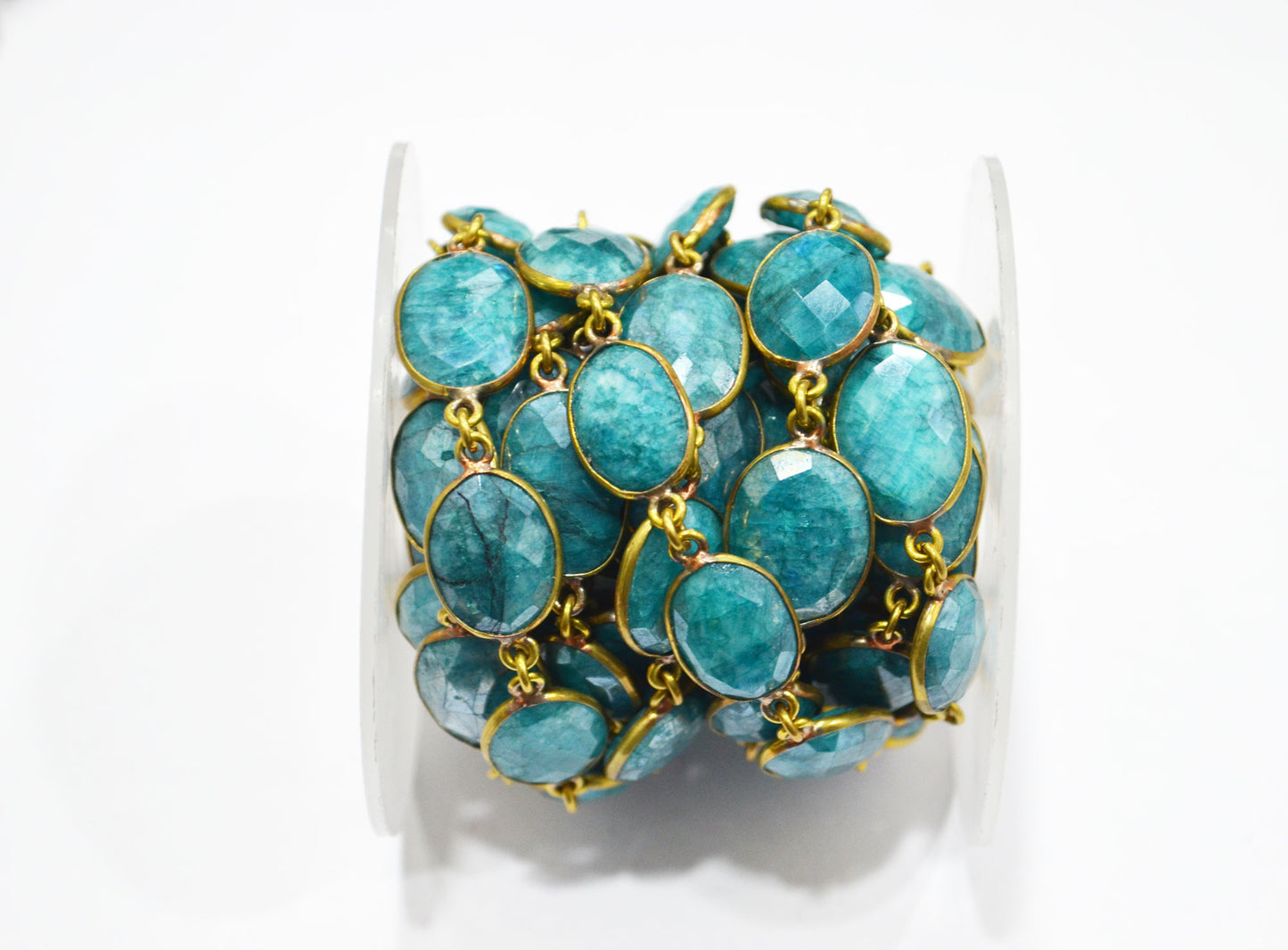 Blue Chrysocolla Colored Rainbow Moonstone Slice Shape Connector Chain , 12 - 17 mm , RB-6037