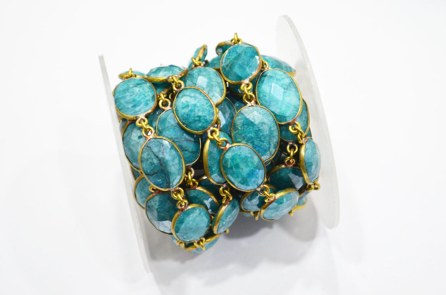 Blue Chrysocolla Colored Rainbow Moonstone Slice Shape Connector Chain , 12 - 17 mm , RB-6037