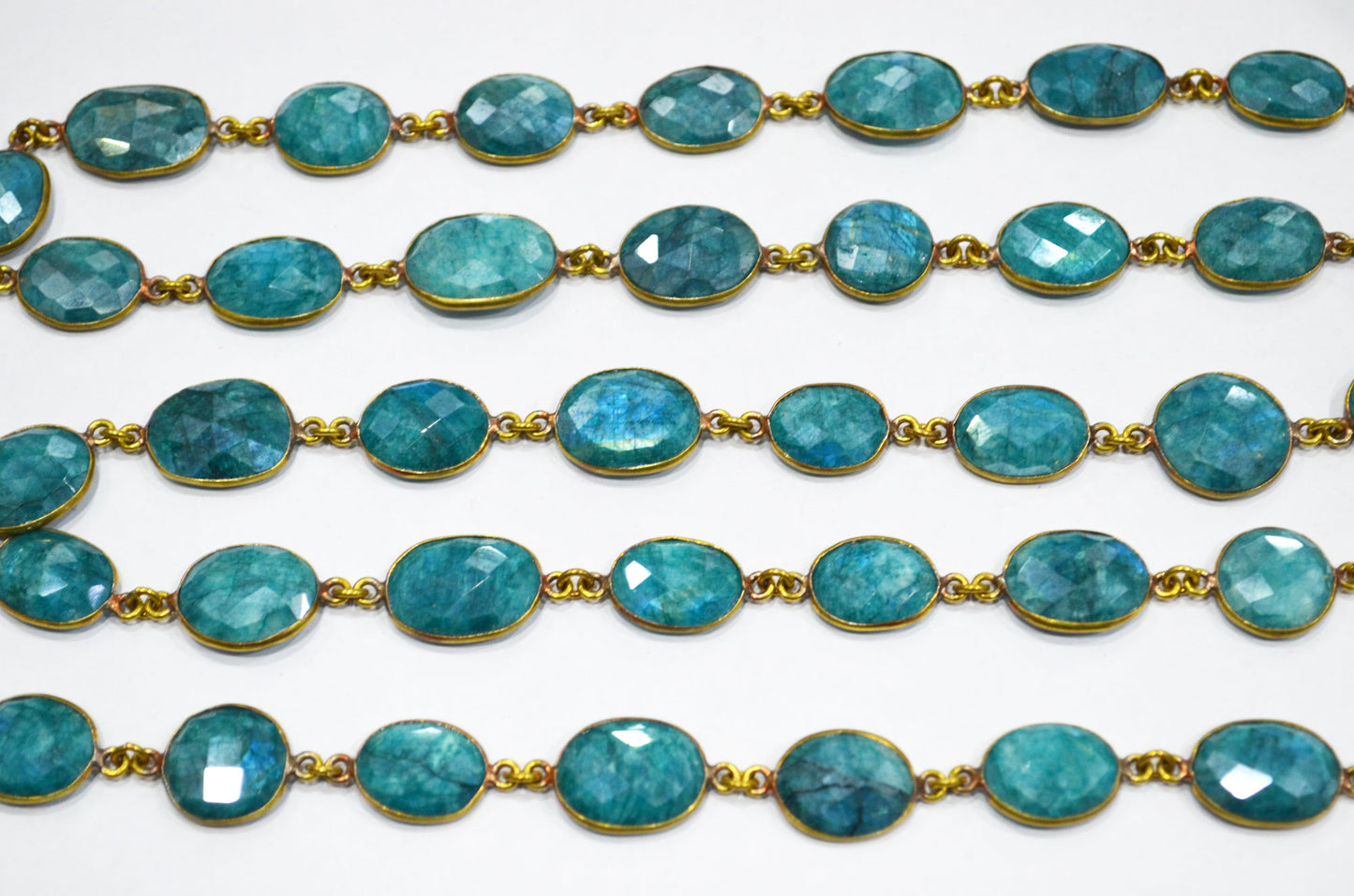 Blue Chrysocolla Colored Rainbow Moonstone Slice Shape Connector Chain , 12 - 17 mm , RB-6037