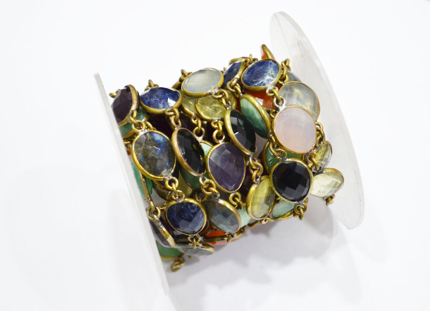 Multi Semi Precious Egg Shape Faceted Connector Chain , 11x13 mm , RB-6038