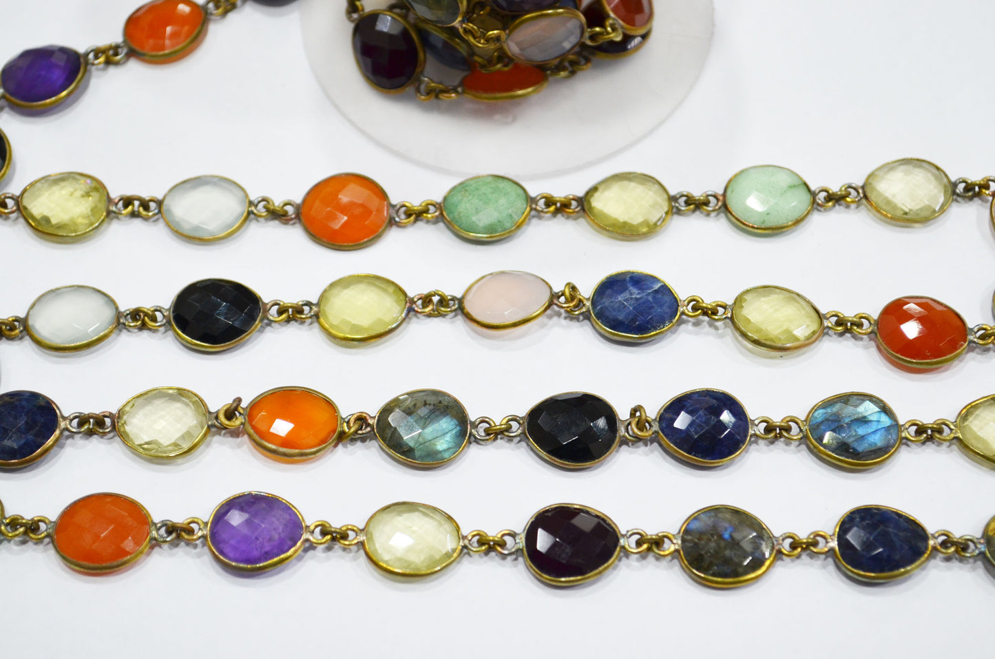 Multi Semi Precious Egg Shape Faceted Connector Chain , 11x13 mm , RB-6038