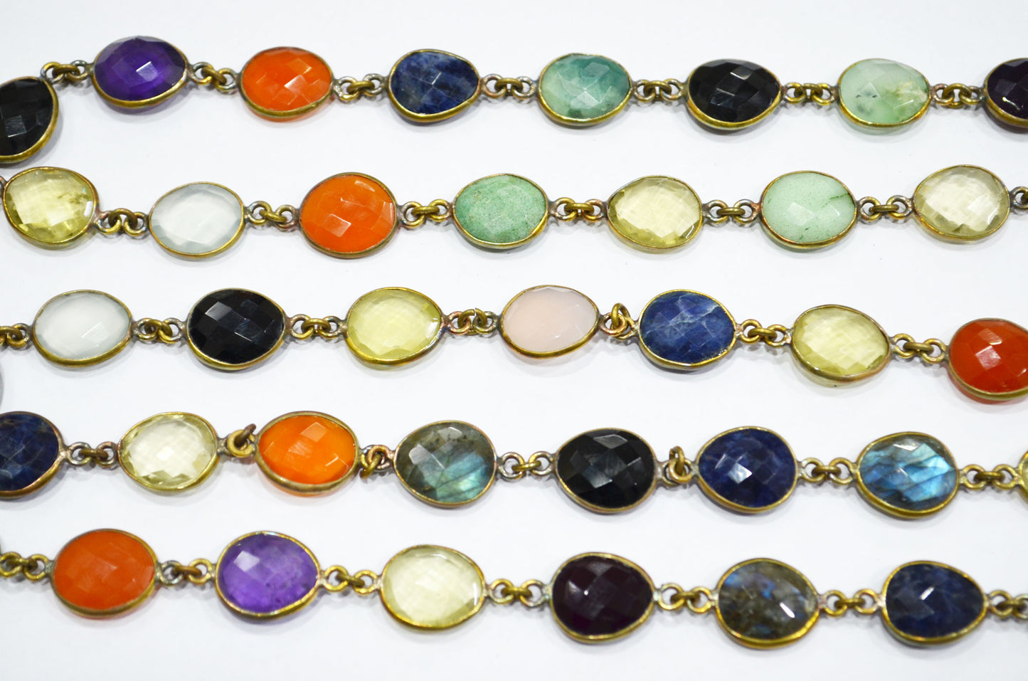 Multi Semi Precious Egg Shape Faceted Connector Chain , 11x13 mm , RB-6038