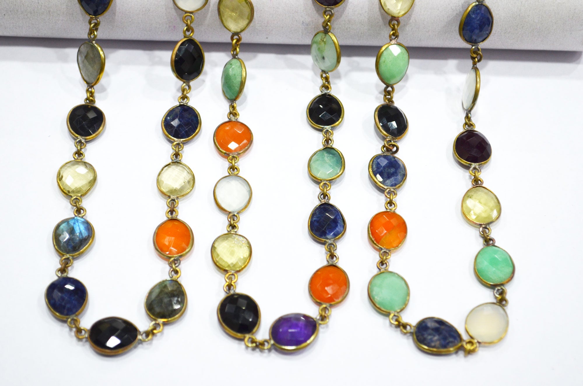Multi Semi Precious Egg Shape Faceted Connector Chain , 11x13 mm , RB-6038