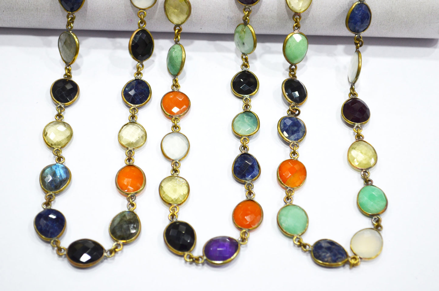 Multi Semi Precious Egg Shape Faceted Connector Chain , 11x13 mm , RB-6038