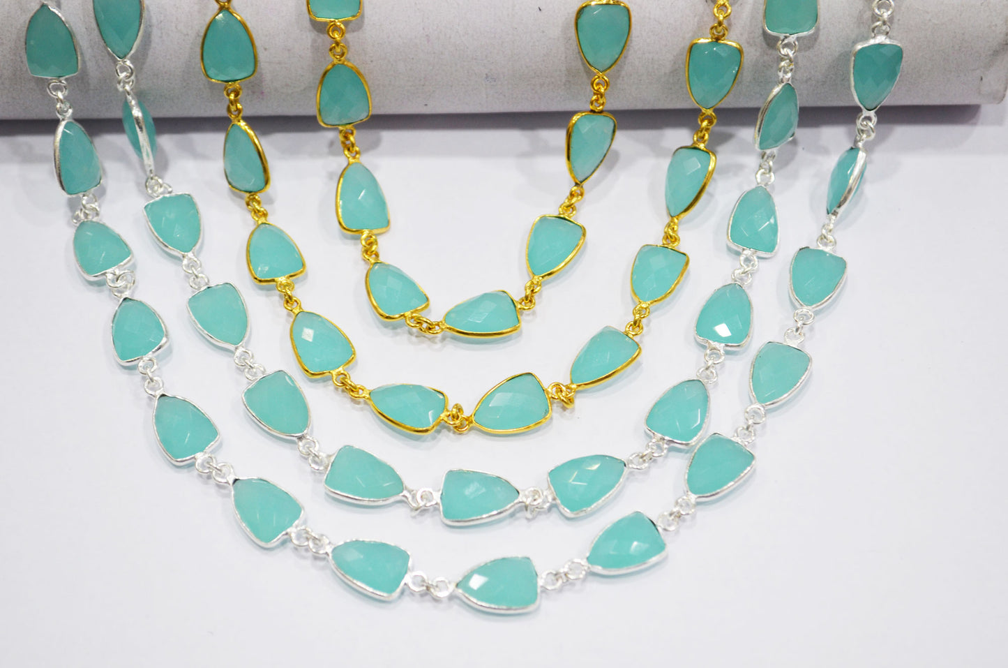 Aqua Color Hydro Quartz Faceted Trillion Shape Connector Chain , 10x13 mm , RB-6043