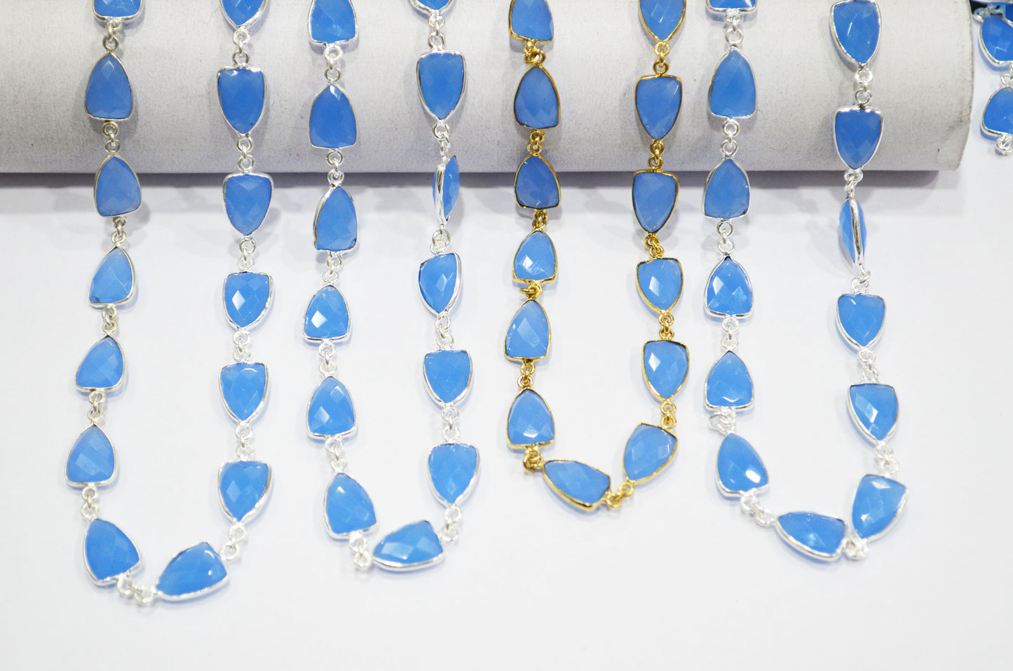 Calcite Blue Hydro Quartz Faceted Trillion Shape Connector Chain , 10x13 mm , RB-6045