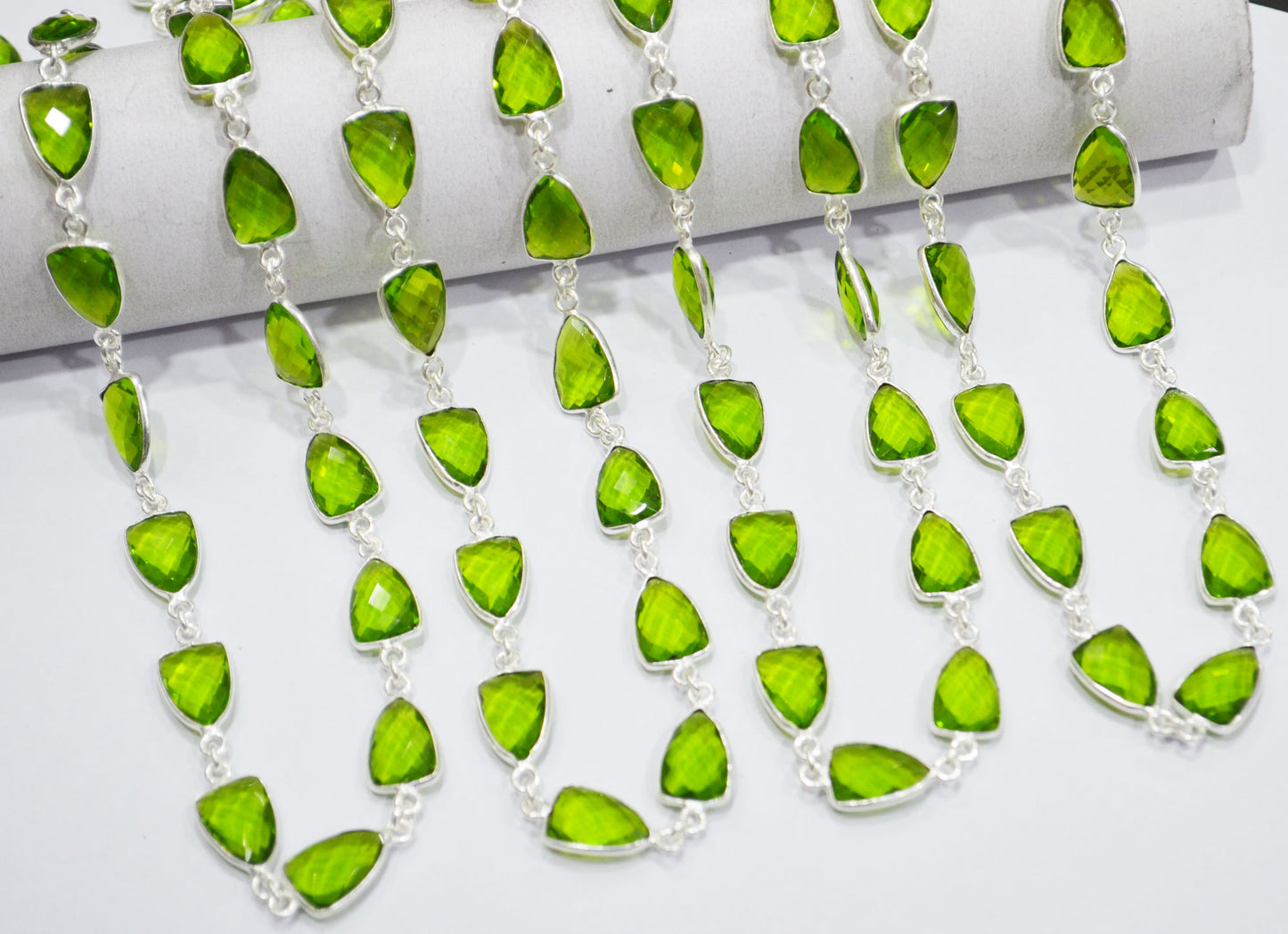 Peridot Hydro Quartz Faceted Trillion Shape Connector Chain , 10x13 mm , RB-6046