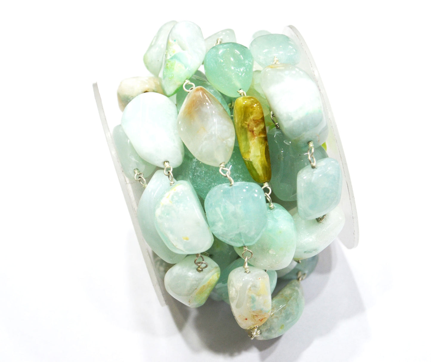 Aqua Chalcedony Smooth Nuggets Rosary Beaded Chain , 10 - 20 mm , RB-6047