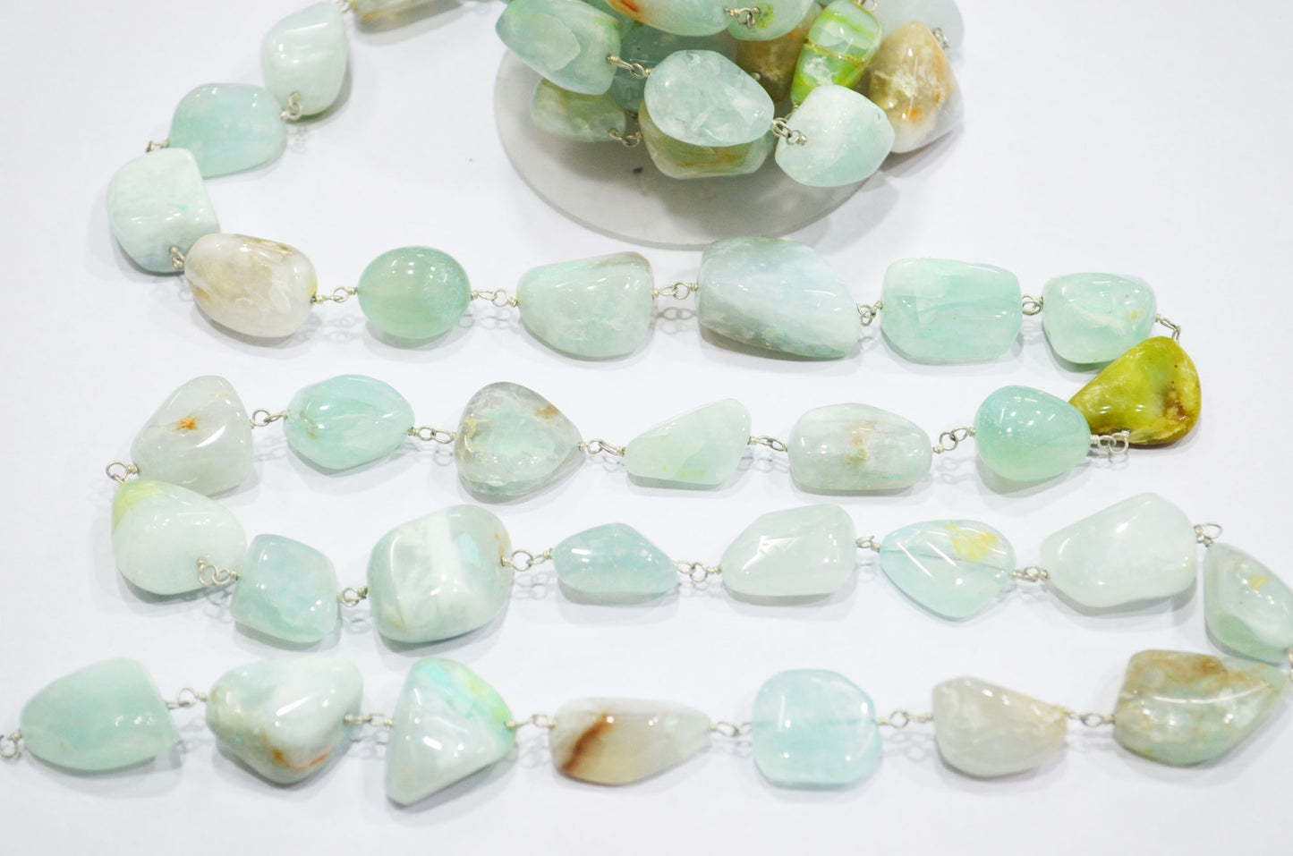 Aqua Chalcedony Smooth Nuggets Rosary Beaded Chain , 10 - 20 mm , RB-6047