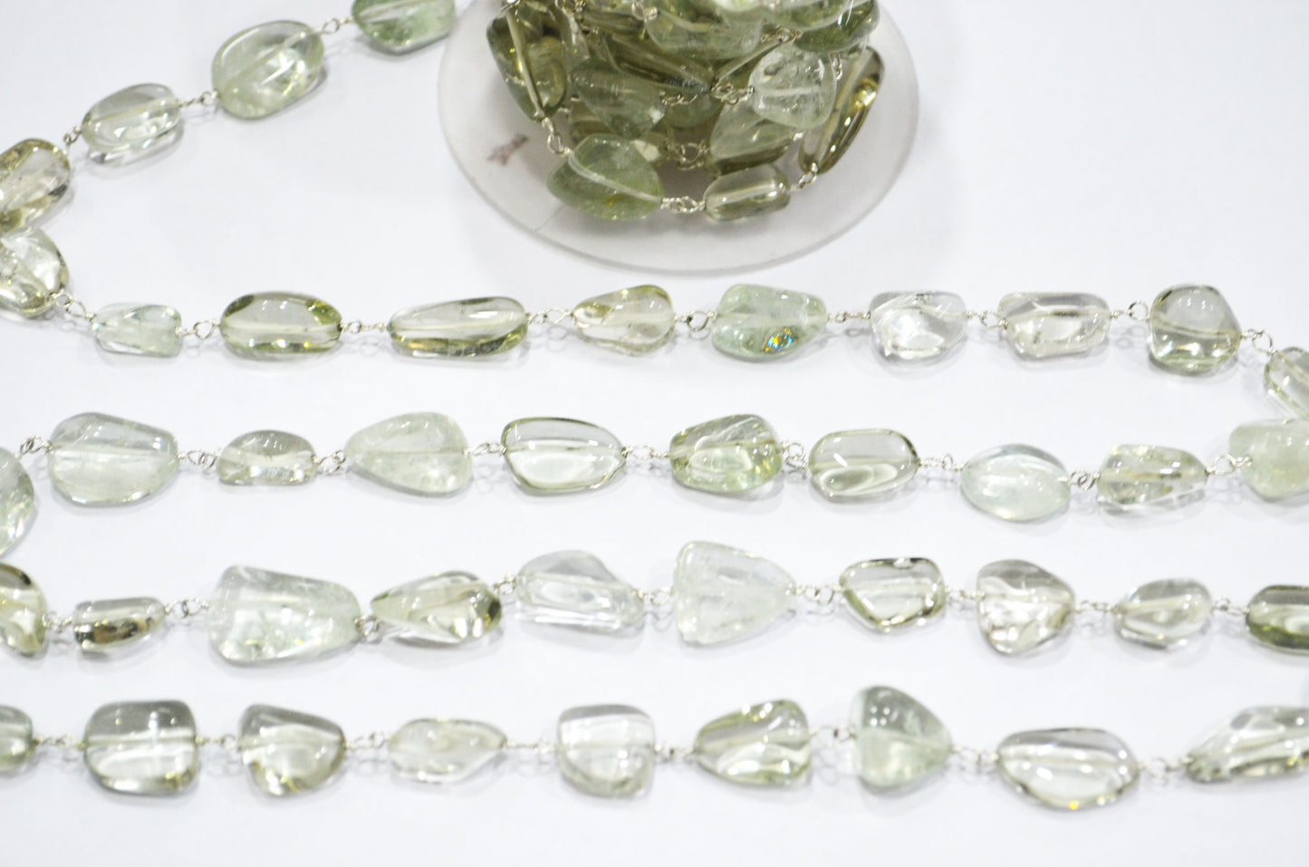 Green Amethyst Smooth Nuggets Rosary Beaded Chain , 6 - 11 mm , RB-6048