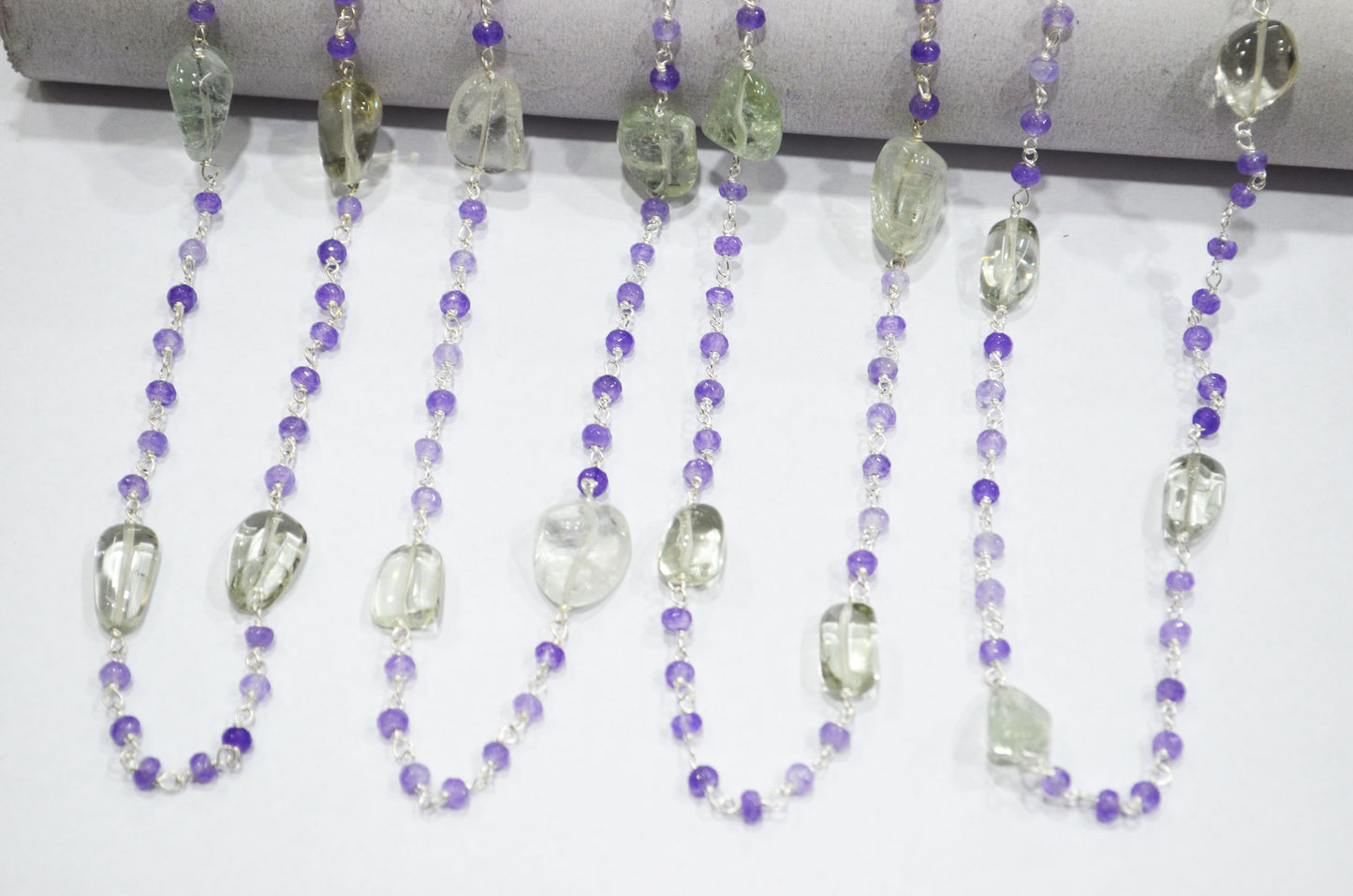 Amethyst Jade Faceted Rondelle Shape Rosary Chain , Green Amethyst Smooth Nuggets Wire Wrapped Chain , 4 - 4.50 mm , RB-6049