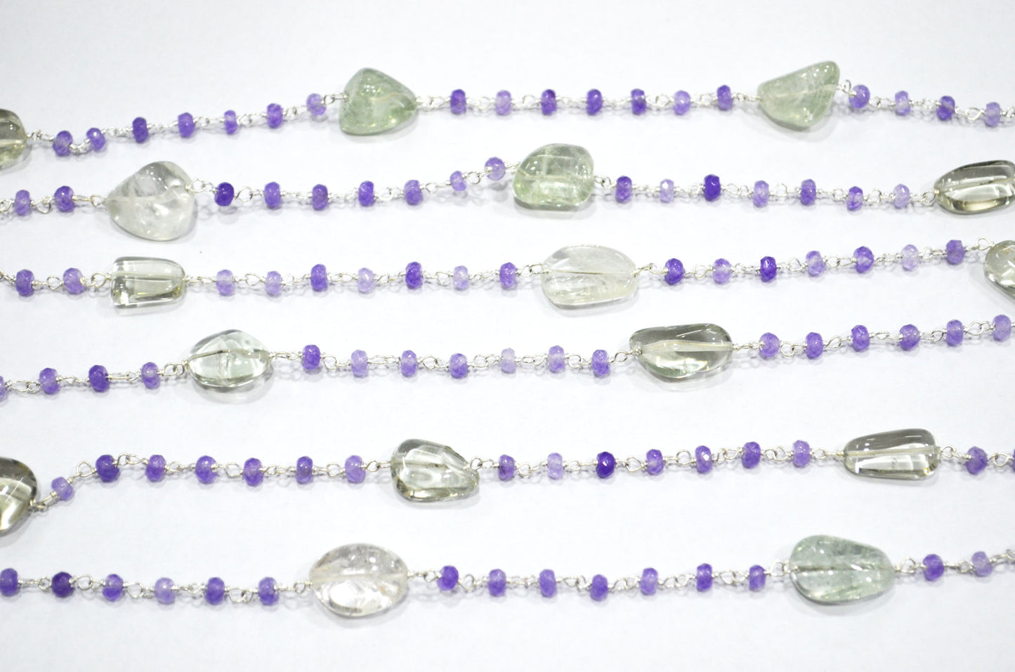 Amethyst Jade Faceted Rondelle Shape Rosary Chain , Green Amethyst Smooth Nuggets Wire Wrapped Chain , 4 - 4.50 mm , RB-6049