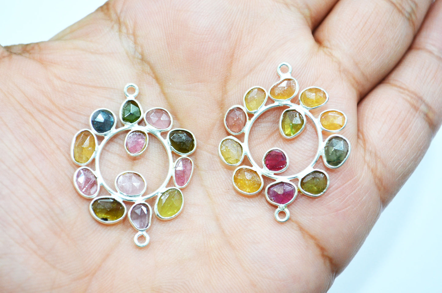 Watermelon Tourmaline Sterling Silver Coin Shape Connector , Sold By Piece , 3 - 3.50 cm , RB-6061