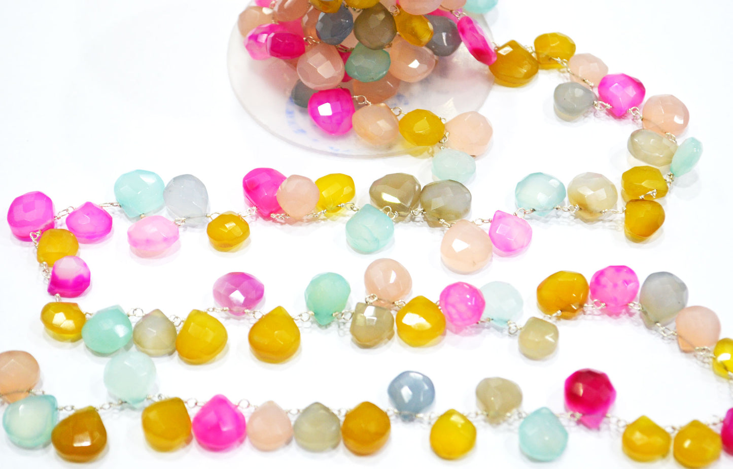 Pastel Multi Chalcedony Faceted Heart Shape Rosary Beaded Chain , 7 - 12 mm , RB-6081