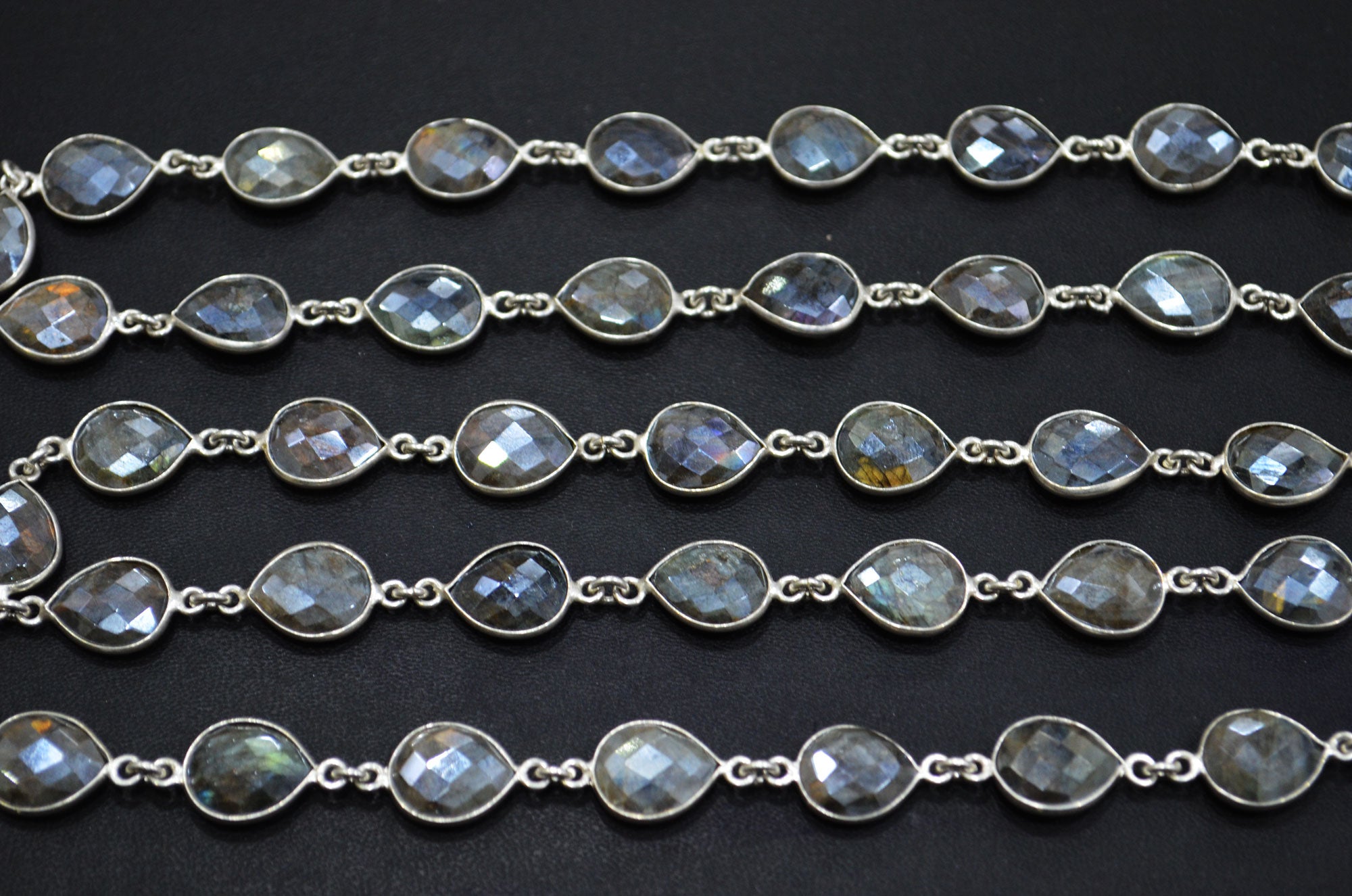 Labradorite AB Coated Faceted Pear Shape Connector Chain , 10x12 mm , RB-6086