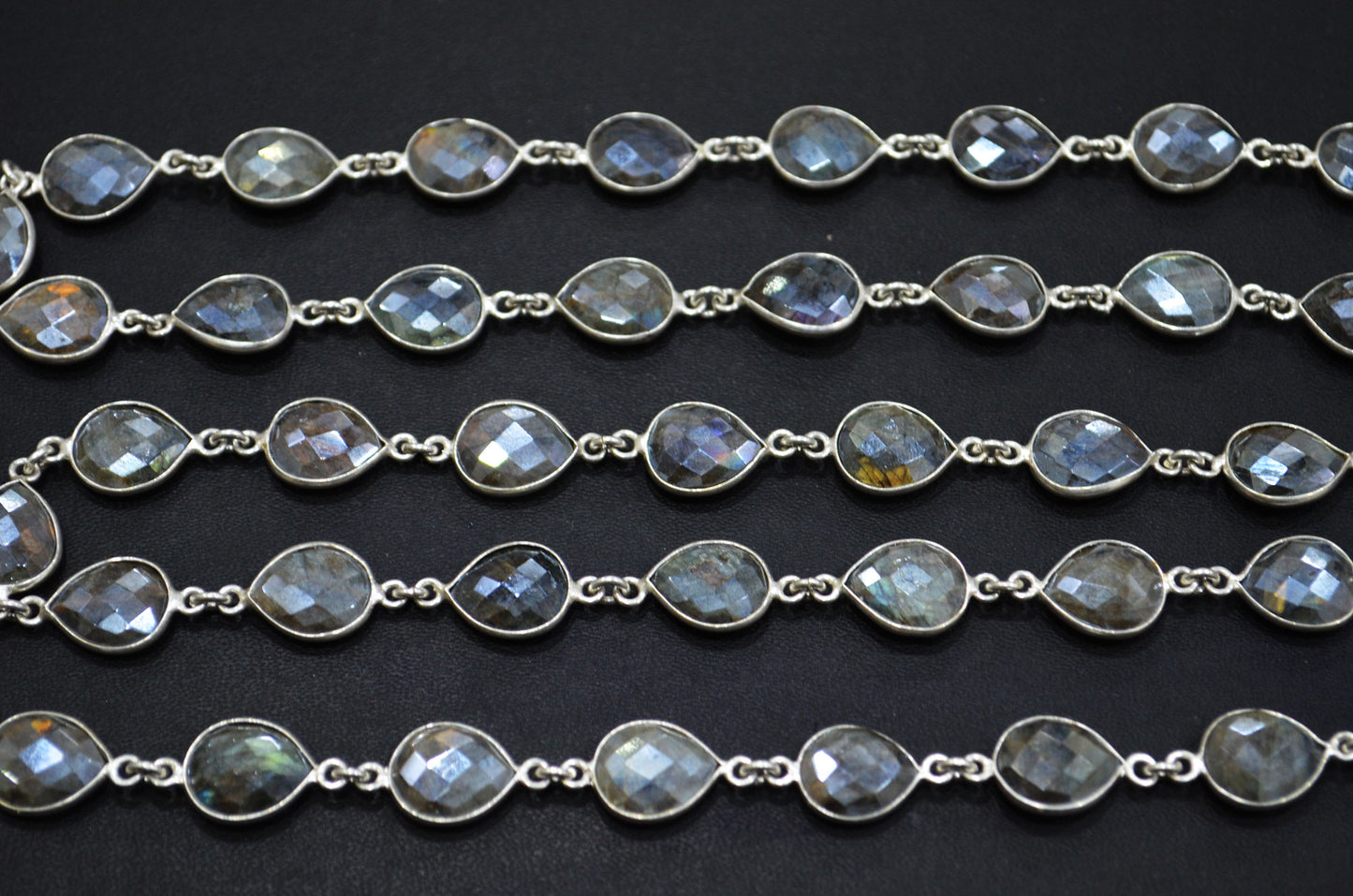 Labradorite AB Coated Faceted Pear Shape Connector Chain , 10x12 mm , RB-6086