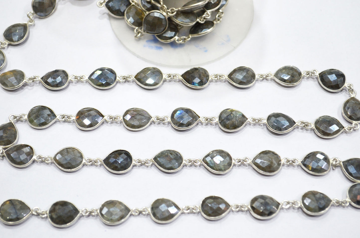 Labradorite AB Coated Faceted Pear Shape Connector Chain , 10x12 mm , RB-6086