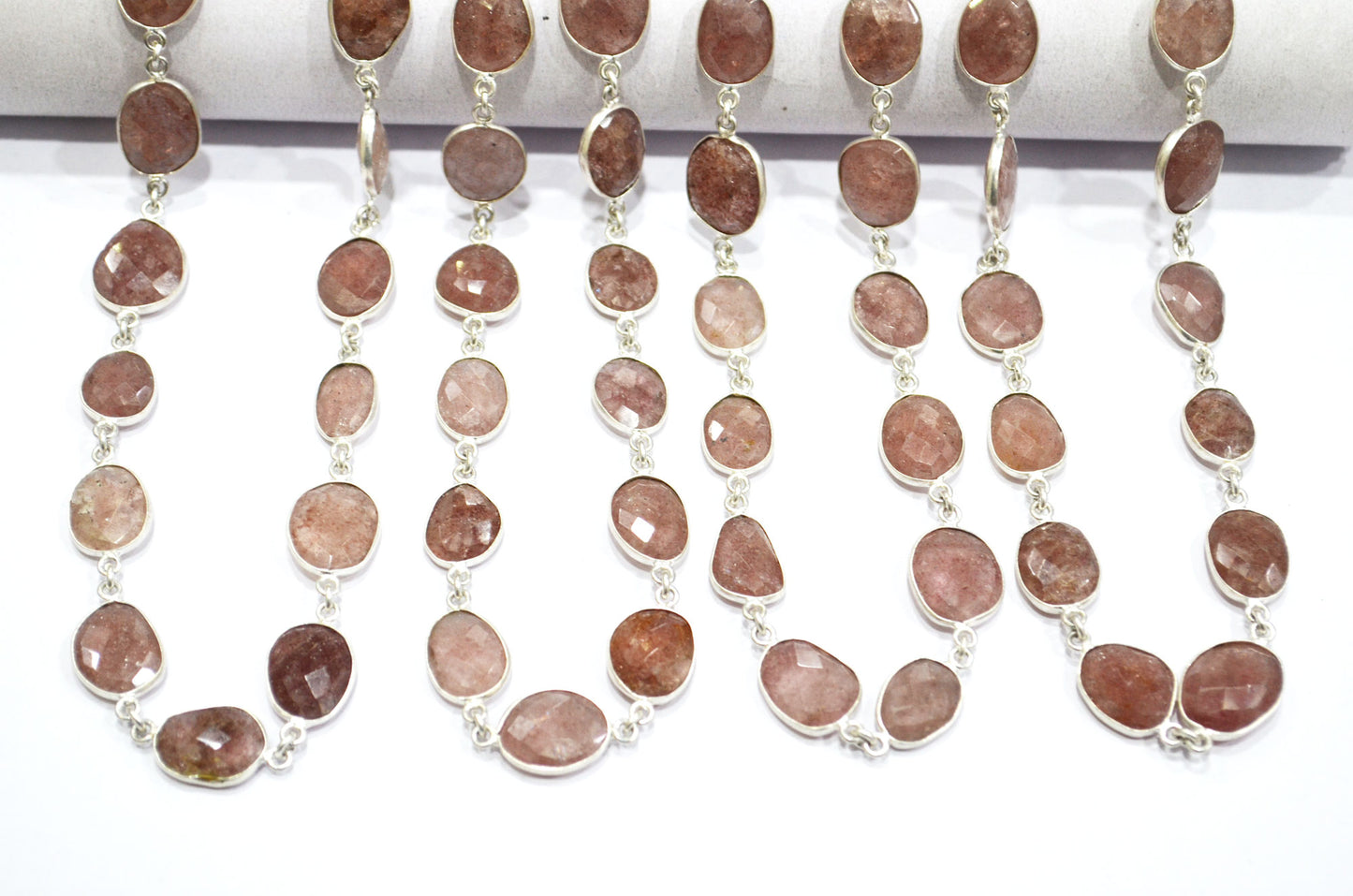 Red Strawberry Quartz Faceted Slice Shape Connector Chain , 9 - 14 mm , RB-6096