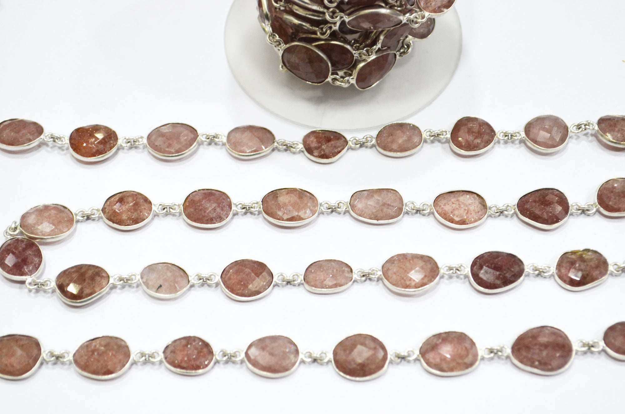 Red Strawberry Quartz Faceted Slice Shape Connector Chain , 9 - 14 mm , RB-6096