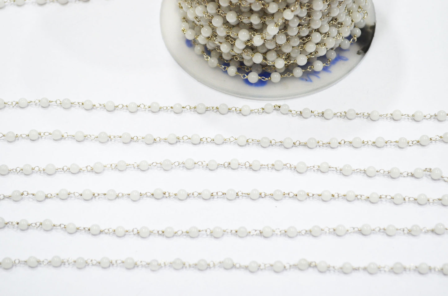 Natural White Agate Smooth Round Shape Rosary Beaded Chain , 4 - 4.50 mm , RB-6099