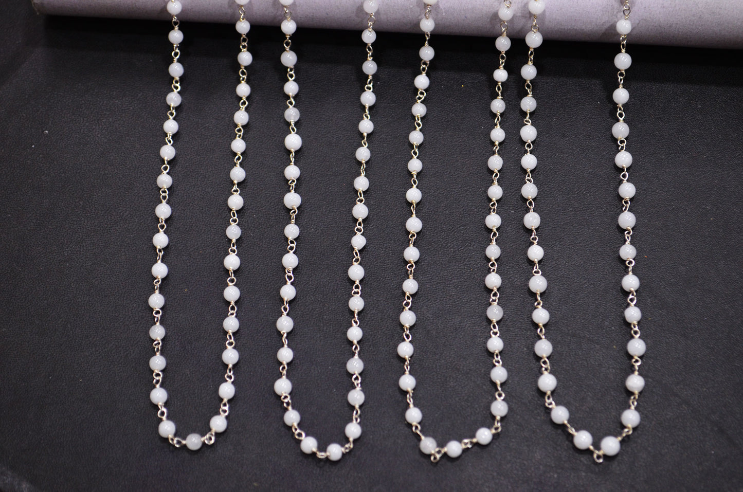 Natural White Agate Smooth Round Shape Rosary Beaded Chain , 4 - 4.50 mm , RB-6099