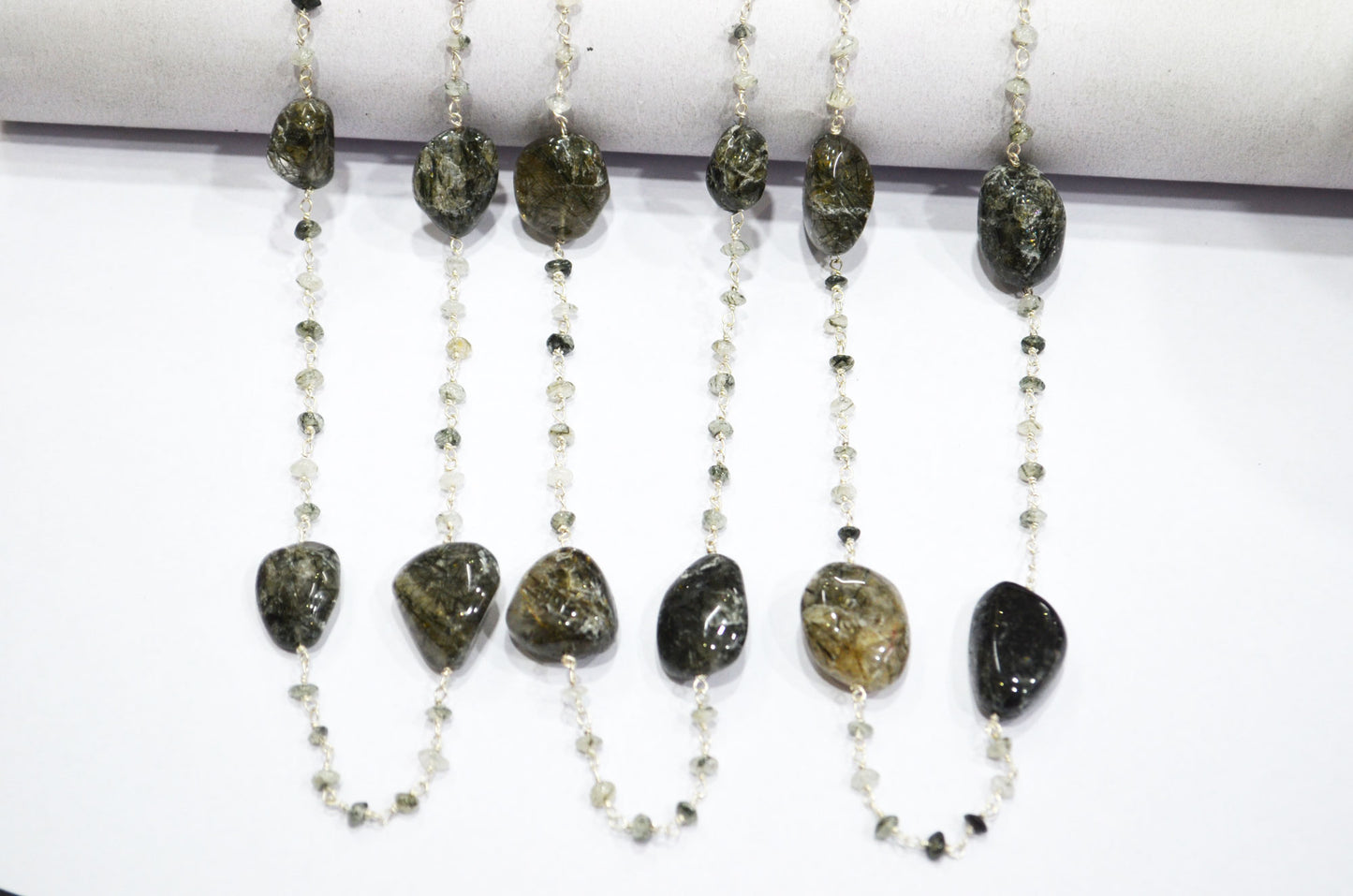 Black Rutile Smooth Button Shape Rosary Beaded Chain , Tourmilated Quartz Nuggets Wire Wrapped Chain , 3 - 3.50 mm , RB-6100