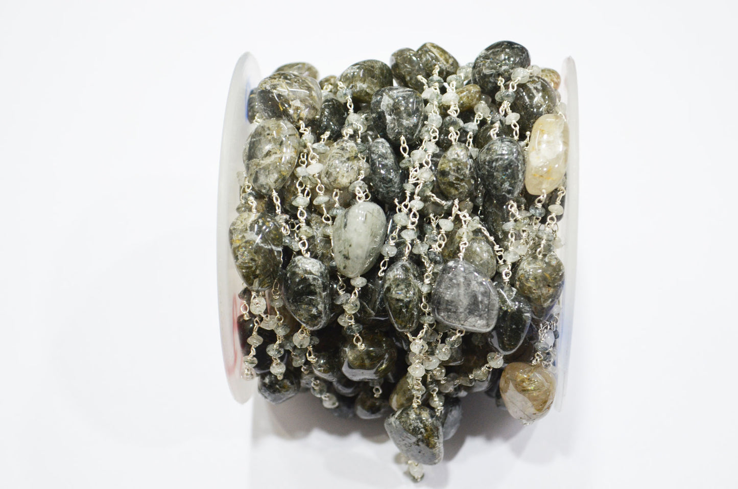 Black Rutile Smooth Button Shape Rosary Beaded Chain , Tourmilated Quartz Nuggets Wire Wrapped Chain , 3 - 3.50 mm , RB-6100