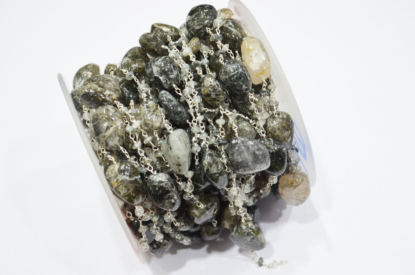 Black Rutile Smooth Button Shape Rosary Beaded Chain , Tourmilated Quartz Nuggets Wire Wrapped Chain , 3 - 3.50 mm , RB-6100