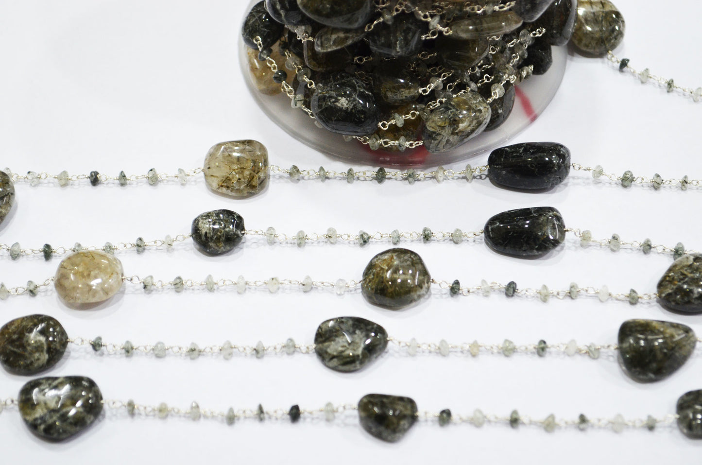 Black Rutile Smooth Button Shape Rosary Beaded Chain , Tourmilated Quartz Nuggets Wire Wrapped Chain , 3 - 3.50 mm , RB-6100