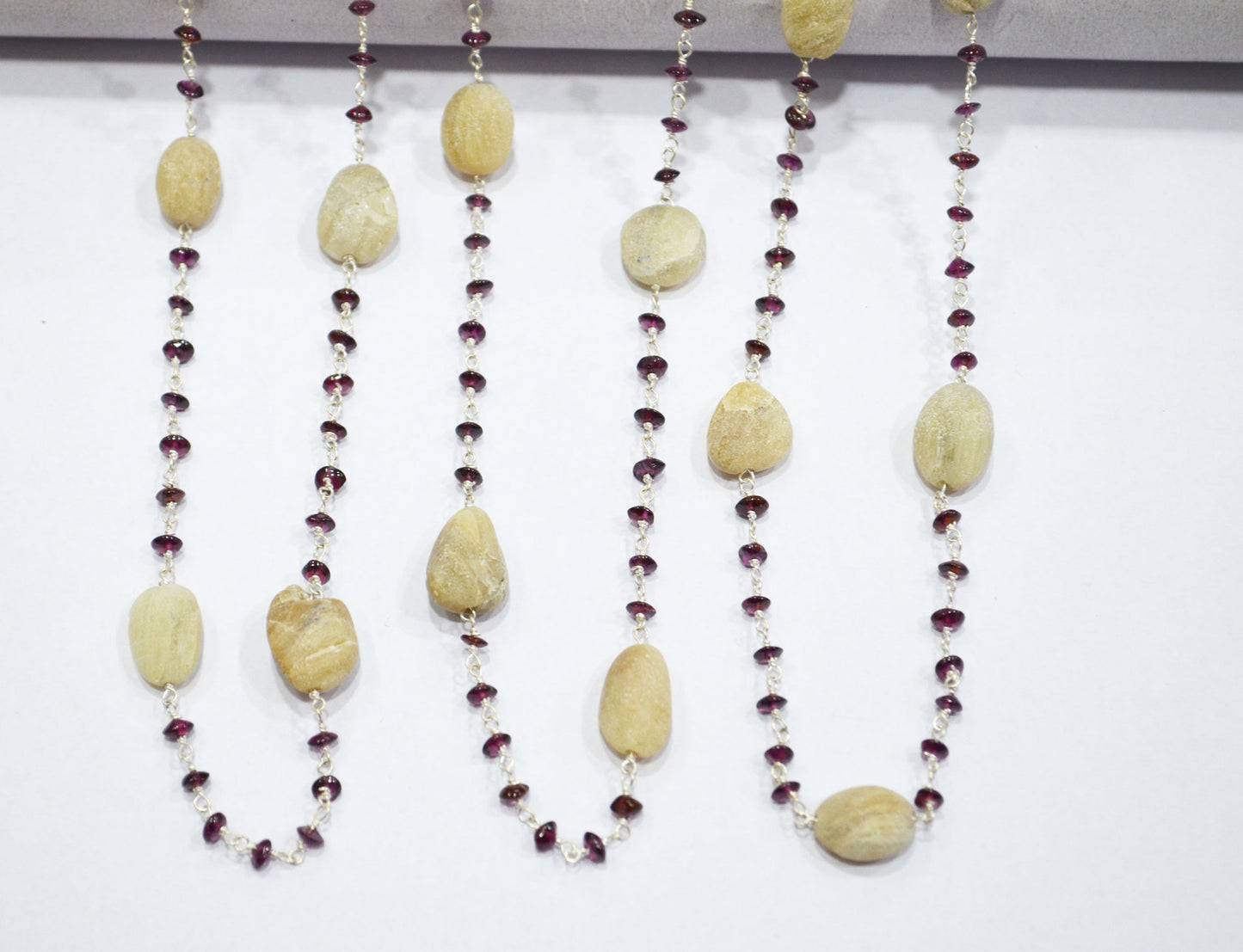 Rhodolite Garnet Smooth Button Shape Rosary Beaded Chain ,White Feldspar Rough Pebble Wire Wrapped Chain , 3 - 3.5 mm , RB-6101
